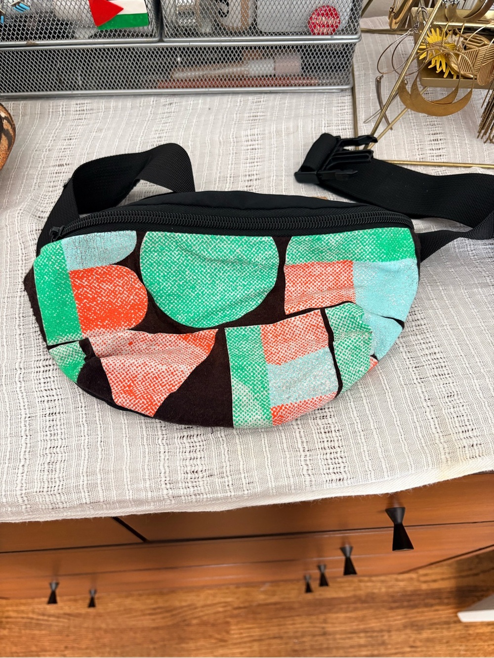 Geo-Print Waist Bag in Black, Mint & Coral